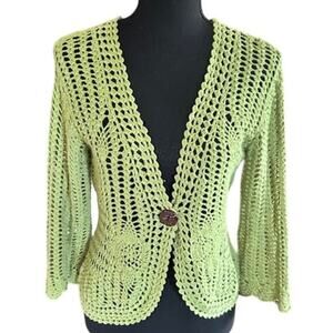 Isabella Rodriguez Lime Green Crochet Knit Cardigan Sweater - Size Medium